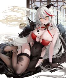 Rule 34 | 1girl, absurdres, aegir (azur lane), aegir (golden dragon among auspicious clouds) (azur lane), arm support, azur lane, bare arms, bare shoulders, black dress, black garter straps, black gloves, black thighhighs, blush, breasts, calligraphy brush, china dress, chinese clothes, cleavage, commentary request, covered navel, criss-cross halter, dragon horns, dress, earrings, feet, foot out of frame, frown, garter straps, gloves, hair between eyes, halterneck, hand up, highres, holding, holding calligraphy brush, holding paintbrush, horn ornament, horns, incense, ink, ink on breast, ink on clothes, ink on face, ink stain, jewelry, kandzume (kandume200), large breasts, leaning to the side, legs, long hair, multicolored hair, no shoes, official alternate costume, paintbrush, panty straps, parted lips, pelvic curtain, red dress, red hair, sitting, sleeveless, sleeveless dress, slit pupils, smile, smoke, solo, streaked hair, sweat, tassel, thighhighs, thighs, toes, two-tone dress, variant set, white background, white hair, yellow eyes, yokozuwari
