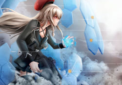 Rule 34 | 1girl, assault rifle, beret, black bra, black skirt, black thighhighs, blonde hair, blush, bra, braid, breasts, projectile trail, cleavage, dust, energy barrier, floating hair, from side, g36c (girls&#039; frontline), garter straps, girls&#039; frontline, gun, h&amp;k g36c, hair over one eye, hand up, hat, highres, holding, holding gun, holding weapon, injury, jacket, large breasts, leaning forward, light particles, lingerie, long hair, long sleeves, red eyes, rifle, side braid, silver hair, skirt, smoke, solo, thighhighs, underwear, very long hair, weapon, wind, wind lift, yi pie