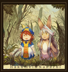 Rule 34 | 10s, 2girls, :3, animal ears, beret, blush stickers, braid, branch, character name, claws, crossover, fang, framed, furry, grass, hair flaps, hakumei (hakumei to mikochi), hakumei to mikochi, hat, highres, long hair, looking at another, made in abyss, mini person, minigirl, multiple girls, nanachi (made in abyss), open mouth, orange eyes, orange hair, outdoors, puffy short sleeves, puffy sleeves, rabbit ears, short hair, short sleeves, side braid, tabard, tree, white hair, xinuo223, yellow eyes
