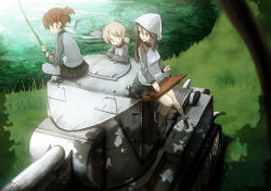 Rule 34 | 10s, 3girls, aki (girls und panzer), brown hair, bt-42, fishing, fishing rod, girls und panzer, hat, instrument, jacket, jersey, jinguu (4839ms), kantele, light smile, long hair, looking at another, looking back, mika (girls und panzer), mikko (girls und panzer), military, military uniform, military vehicle, miniskirt, motor vehicle, multiple girls, music, outdoors, pants, pants under skirt, playing instrument, pleated skirt, shade, shoes, short hair, short twintails, skirt, socks, tank, track jacket, twintails, uniform, vehicle