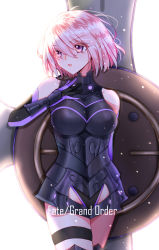 Rule 34 | 1girl, armor, armored leotard, black leotard, breasts, breasts apart, copyright name, cowboy shot, elbow gloves, fate/grand order, fate (series), faulds, gloves, hair between eyes, large breasts, leotard, lixiao lang, mash kyrielight, open mouth, pink hair, purple eyes, short hair, simple background, solo, thigh strap, white background