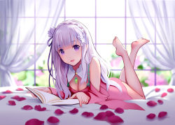 Rule 34 | 10s, 1girl, bare shoulders, barefoot, bed, bed sheet, book, breasts, cleavage cutout, clothing cutout, curtains, dress, elf, emilia (re:zero), flower, hair flower, hair ornament, highres, indoors, long hair, looking at viewer, lying, md5 mismatch, medium breasts, on stomach, open book, open mouth, pointy ears, purple dress, purple eyes, re:zero kara hajimeru isekai seikatsu, resolution mismatch, silver hair, solo, source larger, straight hair, the pose, window, yin.