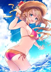 Rule 34 | 1girl, arm up, ass, bikini, blue eyes, blue sky, blush, bracelet, braid, breasts, cloud, commentary request, cowboy shot, day, flower, from side, halterneck, halterneck, hand on headwear, hat, hat flower, hat ribbon, highres, jewelry, koyoka, long hair, looking at viewer, medium breasts, multicolored bikini, multicolored clothes, open mouth, original, outdoors, red flower, ribbon, side-tie bikini bottom, sky, smile, solo, standing, straw hat, swimsuit, wading, water, wind, yellow ribbon