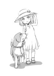 Rule 34 | 1girl, beagle, blush, child, collar, dog, hat, ike (altitude attitude), looking at viewer, monochrome, original, sandals, short hair, simple background, solo, white background