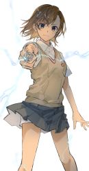 Rule 34 | 1girl, absurdres, breasts, brown eyes, brown hair, closed mouth, coin, collared shirt, commentary request, electricity, electrokinesis, foreshortening, grey skirt, hair ornament, highres, honwaka zz, legs, looking at viewer, miniskirt, misaka mikoto, pleated skirt, school uniform, shirt, short hair, short sleeves, shorts, shorts under skirt, simple background, skirt, small breasts, solo, standing, sweater vest, thighs, toaru majutsu no index, tokiwadai school uniform, v-neck, white background, white shirt, white shorts, wind, wind lift
