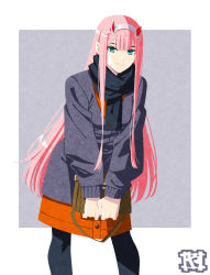 Rule 34 | 1girl, bag, black pantyhose, black scarf, blunt bangs, closed mouth, coat, darling in the franxx, green eyes, grey coat, hairband, highres, holding, holding bag, horns, leaning forward, long hair, long sleeves, looking at viewer, miniskirt, orange skirt, pantyhose, pink hair, scarf, skirt, smile, solo, standing, straight hair, very long hair, white hairband, yamayoshi, zero two (darling in the franxx)
