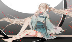 Rule 34 | 1girl, bare legs, barefoot, flower, hair flower, hair ornament, highres, japanese clothes, legs, long hair, looking at viewer, obi, petals, pink hair, sash, sitting, solo, tattoo, twintails, very long hair, white eyes, wide sleeves, xi chu yang guan