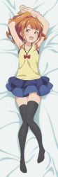 Rule 34 | 1girl, absurdres, armpits, arms up, bed sheet, black thighhighs, blue skirt, blush, bow, brown eyes, brown hair, collarbone, dakimakura (medium), eromanga sensei, feet, from above, full body, hair ornament, hair scrunchie, high ponytail, highres, incredibly absurdres, jinno megumi, layered skirt, long hair, looking at viewer, lying, miniskirt, no shoes, official art, on back, open mouth, red bow, scrunchie, shirt, skirt, sleeveless, sleeveless shirt, solo, thighhighs, yellow shirt, zettai ryouiki