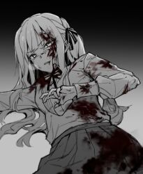 Rule 34 | 1girl, auo123, bang dream!, bang dream! it&#039;s mygo!!!!!, blood, blood from mouth, blood on clothes, blood on face, blood on hands, braid, cuts, hair flowing over, hair ribbon, highres, injury, long hair, long sleeves, lying, monochrome, on floor, on side, one side up, pleated skirt, ribbon, side braid, sidelocks, skirt, solo, togawa sakiko