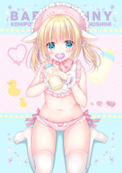Rule 34 | 1girl, animal ears, baby bottle, bad id, bad pixiv id, bare shoulders, bib, blonde hair, blue eyes, blush, bottle, bow, bow panties, closed mouth, collarbone, commentary request, fingernails, frilled panties, frills, hair between eyes, heart, highres, holding, holding bottle, kohinata hoshimi, long hair, navel, no shoes, original, pacifier, panties, pink panties, polka dot, polka dot background, rabbit ears, rubber duck, side-tie panties, sitting, solo, thighhighs, two side up, underwear, wariza, white thighhighs, wrist cuffs