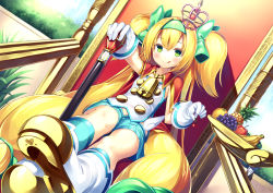 Rule 34 | 1girl, :q, apple, banana, bell, blazblue, blonde hair, cape, cherry, crown, dutch angle, food, fruit, grapes, green eyes, gurasion (gurasion), hairband, holding, long hair, looking at viewer, mini crown, orange (fruit), pineapple, platinum the trinity, scepter, sitting, smile, solo, staff, throne, tongue, tongue out, two side up