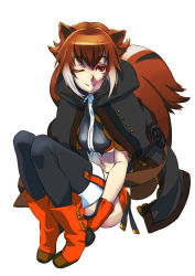Rule 34 | 1girl, animal ears, arc system works, blazblue, blazblue: continuum shift, boots, breasts, brown eyes, brown hair, cape, crop top, gloves, kabane (follabi), knees to chest, hugging own legs, makoto nanaya, microskirt, midriff, multicolored hair, one eye closed, short hair, sitting, skirt, solo, squirrel ears, squirrel tail, tail, thighhighs, two-tone hair, underboob, wink
