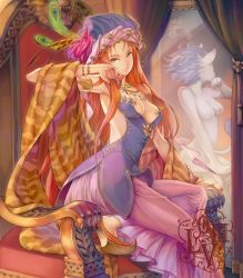 Rule 34 | 1girl, alternate form, animal ears, armband, ass, bracelet, breasts, cat ears, cat tail, claws, cleavage, dress, dual persona, feathers, furry, furry female, green eyes, hat, isabella (seiken densetsu 3), jewelry, long hair, mirror, nail polish, necklace, official art, purple hair, red hair, reflection, ring, seiken densetsu, seiken densetsu 3, sharp nails, solo, tail, throne, turban