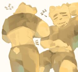 Rule 34 | 1boy, = =, bara, bear boy, bear tail, blush, embarrassed, flying sweatdrops, from behind, furrowed brow, furry, furry male, highres, love handles, male focus, mature male, midriff peek, muscular, muscular male, notice lines, original, pasang, scratching stomach, short hair, shorts, tail, thick eyebrows, weight gain, yellow theme, zzz
