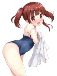 Rule 34 | 1girl, :d, arched back, bare arms, bare shoulders, blue one-piece swimsuit, blush, brown eyes, brown hair, commentary request, highres, holding, holding towel, idolmaster, idolmaster cinderella girls, kuroba aki, leaning forward, looking at viewer, looking to the side, ogata chieri, one-piece swimsuit, open mouth, school swimsuit, sidelocks, simple background, smile, solo, swimsuit, towel, twintails, wet, white background
