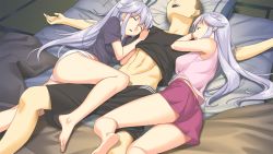 Rule 34 | 1boy, 2girls, barefoot, black shirt, black shorts, clothes lift, futon, game cg, indoors, ino (magloid), long hair, lying, midriff, minagi ako, minagi mio, multiple girls, navel, no! body knows, official art, on back, on side, open mouth, outstretched arms, panties, pink shirt, red shorts, shirt, shirt lift, short hair, short shorts, shorts, siblings, silver hair, sisters, sleeping, stomach, twins, underwear, very long hair, very short hair, white panties