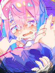 Rule 34 | 2boys, blue eyes, blush, close-up, commentary request, crying, crying with eyes open, fang, half-closed eyes, hetero, highres, holding, holding another&#039;s hair, holding another&#039;s wrist, holding hands, hood, hoodie, looking down, male focus, multiple boys, open mouth, original, pink eyes, pink hair, purple hoodie, raito-kun (uenomigi), short hair, short hair with long locks, sidelocks, simple background, solo focus, sweat, tagme, tears, uenomigi, upper body, white background, white hoodie