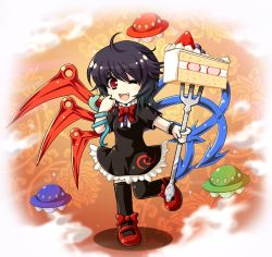 Rule 34 | 1girl, ahoge, bad id, bad pixiv id, black hair, black thighhighs, cake, cake slice, cetera, dress, fang, female focus, flower, food, fork, fruit, houjuu nue, mary janes, no pupils, one eye closed, oversized object, pastry, red eyes, shoes, short hair, snake, solo, strawberry, strawberry shortcake, thighhighs, touhou, ufo, wings