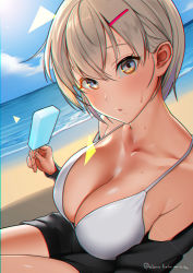 Rule 34 | 1girl, absurdres, alone belm, beach, bikini, bikini top only, black jacket, black shorts, blonde hair, blush, breasts, brown eyes, cleavage, collarbone, day, dutch angle, eyebrows hidden by hair, food, hair ornament, hairclip, highres, holding, holding food, jacket, large breasts, long sleeves, looking at viewer, ocean, off shoulder, open clothes, open jacket, original, outdoors, parted lips, popsicle, short hair, short shorts, shorts, sitting, solo, swimsuit, twitter username, water, white bikini