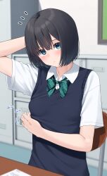 Rule 34 | 1girl, absurdres, arm behind head, black hair, black sweater vest, blue eyes, blush, chair, classroom, closed mouth, collared shirt, commentary request, desk, highres, indoors, kiona (giraffe kiona), locker, looking at viewer, original, school chair, school desk, school uniform, shirt, short hair, short sleeves, sitting, solo, sweater vest, white shirt