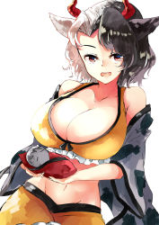 Rule 34 | 1girl, animal ears, bare shoulders, black hair, breasts, cleavage, collarbone, commentary request, deetamu, eyebrows hidden by hair, groin, haori, highres, horns, japanese clothes, large breasts, multicolored hair, navel, off shoulder, open mouth, red eyes, simple background, solo, split-color hair, statue, teeth, touhou, two-tone hair, upper teeth only, ushizaki urumi, white background, white hair