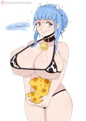 Rule 34 | 1girl, animal print, bell, bikini, blue hair, blush, braid, breasts, brown eyes, cheese, cleavage, collar, cow girl, cow horns, cow print, cowbell, fire emblem, fire emblem: three houses, food, heart, highres, horns, huge breasts, jinu (jinusenpai), looking at viewer, marianne von edmund, neck bell, nintendo, skindentation, smile, solo, standing, swimsuit, underboob