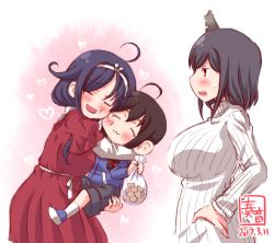 Rule 34 | 10s, 2017, 3girls, ahoge, alternate costume, black hair, black shorts, braid, breasts, brown hair, cheek-to-cheek, commentary, dated, hair flaps, heads together, heart, highres, kanon (kurogane knights), kantai collection, large breasts, long hair, long sleeves, low twintails, multiple girls, red eyes, revision, ryuuhou (kancolle), shigure (kancolle), short hair, shorts, sweat, sweater, taigei (kancolle), twintails, white sweater, yamashiro (kancolle)