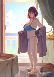 Rule 34 | 1girl, absurdres, ass, balcony, bare legs, bare shoulders, basket, blue bra, blue nails, blue sky, blush, bra, breasts, brown hair, cigarette, closed mouth, cloud, curtains, curvy, day, dressing, highres, holding, holding cigarette, large breasts, lingerie, looking at viewer, ocean, original, panties, see-through, short hair, sky, sliding doors, smoke, smoking, solo, standing, string panties, thick thighs, thighs, underwear, underwear only, zuoteng lucha