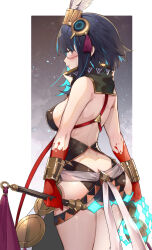 Rule 34 | 1girl, ass, back, bare shoulders, black hair, black skirt, blood, blood on hands, blue hair, blush, bracer, breasts, butt crack, colored inner hair, detached collar, facepaint, fate/grand order, fate (series), feathers, grey eyes, halterneck, headdress, high collar, highres, large breasts, looking at viewer, looking back, multicolored hair, sash, short hair, sidelocks, skirt, solo, tassel, tenochtitlan (fate), tenochtitlan (first ascension) (fate), thighs, ura illust, whip