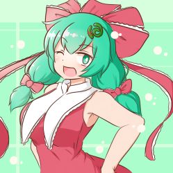 Rule 34 | 1girl, :d, bow, dress, frilled ribbon, frills, green background, green eyes, hair bow, hair ornament, hair ribbon, hands on own hips, highres, kagiyama hina, long hair, looking at viewer, low twintails, mizusoba, one eye closed, open mouth, red bow, red dress, red ribbon, ribbon, sleeveless, sleeveless dress, smile, solo, touhou, twintails, upper body