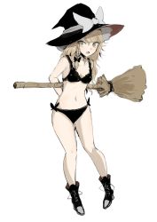Rule 34 | 1girl, ankle boots, black bra, black footwear, black hat, black panties, blonde hair, boots, bow, bra, braid, breasts, broom, fang, frilled bra, frills, full body, green eyes, hat, hat bow, holding, holding broom, kirisame marisa, long hair, looking at viewer, necro (nekurodayo), open mouth, panties, pigeon-toed, side-tie panties, side braid, simple background, small breasts, solo, touhou, underwear, white background, white bow, witch hat