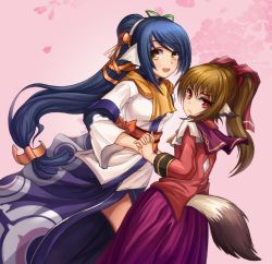 Rule 34 | 2girls, absurdly long hair, age difference, ainu clothes, animal ears, aquaplus, black hair, breasts, brown hair, closed mouth, cowboy shot, dress, eyebrows, from behind, fur, hair between eyes, hair ornament, hair ribbon, height difference, highres, holding hands, kuon (utawarerumono), layered sleeves, long hair, long sleeves, looking at viewer, medium breasts, multiple girls, multiple views, nekone (utawarerumono), open mouth, ponytail, raised eyebrows, red eyes, ribbon, scarf, sidelocks, small breasts, swept bangs, tail, teeth, thighs, twintails, utawarerumono, utawarerumono: itsuwari no kamen, very long hair, yellow eyes, yellow neckwear, yellow scarf