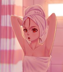 Rule 34 | 1girl, armpits, arms up, blurry, chromatic aberration, depth of field, flat chest, frostiii, grey hair, highres, hololive, hololive indonesia, kureiji ollie, multicolored hair, naked towel, olivia (kureiji ollie), open mouth, red eyes, red hair, shower curtain, solo, towel, towel on head, twitter username, upper body, virtual youtuber, window