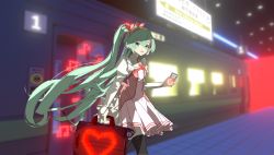 Rule 34 | 1girl, :o, absurdres, blue eyes, blurry, blurry background, cellphone, commentary, detached collar, dress, eap444, glowing, green hair, hair ribbon, hairband, hatsune miku, heart, highres, holding, holding phone, holding suitcase, juliet sleeves, long hair, long sleeves, open mouth, phone, pleated dress, puffy sleeves, ribbon, rolling suitcase, smartphone, solo, suitcase, thighhighs, train, train station, twintails, very long hair, vocaloid, walking