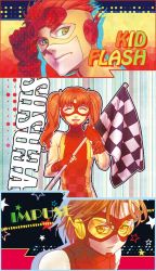 Rule 34 | 1girl, 2boys, ^ ^, ^o^, animification, bart allen, blush, bodysuit, brown hair, character name, checkered flag, close-up, closed eyes, comic, dc comics, father and daughter, fingerless gloves, flag, flash (series), gloves, goggles, goggles on head, green eyes, impulse, irey west, kid flash, long hair, looking at viewer, mask, multiple boys, orange hair, parted lips, red gloves, short hair, silent comic, smile, star (symbol), the flash, the flash (series), time paradox, twintails, typo, wally west, yellow eyes