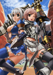 Rule 34 | 2girls, ahoge, armor, azure (armor), back-to-back, black legwear, blue legwear, breasts, brown hair, capcom, character request, cleavage, grey hair, highres, lance, large breasts, legs, long legs, miniskirt, monster hunter, monster hunter (series), monster hunter frontier, multiple girls, one eye closed, panties, pantyshot, pleated skirt, polearm, short hair, skirt, spear, striped clothes, striped panties, thighhighs, thighs, underwear, upskirt, v-mag, weapon, white panties, wink