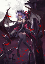 Rule 34 | 1girl, alternate costume, bare shoulders, bat (animal), bat wings, black dress, black gloves, black thighhighs, blood, blood from mouth, boots, cross, detached collar, dress, elbow gloves, full body, full moon, gloves, hand on own face, hat, highres, mob cap, moon, nangua mache, night, purple hair, red eyes, red ribbon, remilia scarlet, ribbon, short hair, sitting, solo, thigh strap, thighhighs, touhou, wings