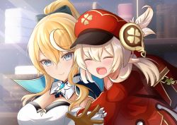 Rule 34 | 2girls, ahoge, backpack, bag, blonde hair, blue capelet, blue eyes, blush, bow, breasts, brown gloves, cabbie hat, capelet, cleavage, closed eyes, dress, genshin impact, gloves, hair bow, hat, hat feather, highres, jean (genshin impact), klee (genshin impact), large breasts, long hair, long sleeves, looking at viewer, low twintails, medium hair, mon-chan, multicolored capelet, multiple girls, open mouth, pointy ears, ponytail, red dress, red headwear, sidelocks, small breasts, twintails