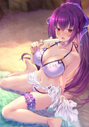 Rule 34 | 1girl, anklet, bare shoulders, bikini, blush, bracelet, breasts, bridal garter, cleavage, collarbone, earrings, emanon123, fate/grand order, fate (series), food, hair between eyes, jewelry, large breasts, legs, long hair, looking at viewer, navel, open mouth, popsicle, purple hair, purple ribbon, red eyes, ribbon, sarong, scathach (fate), scathach skadi (fate), shore, sitting, swimsuit, wariza