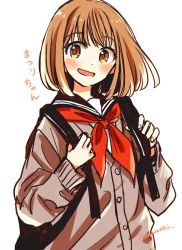 1girl :d backpack bag black_sailor_collar blush blush_stickers brown_cardigan brown_eyes buttons cardigan character_name commentary happy himawari-san holding_strap kazamatsuri_matsuri light_brown_hair long_sleeves looking_at_viewer neckerchief open_mouth red_neckerchief sailor_collar school_bag school_uniform serafuku short_hair signature simple_background sketch smile solo split_mouth sugano_manami translated upper_body white_background