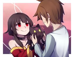Rule 34 | 1boy, 1girl, ?, ??, animal, bare shoulders, black gloves, black hair, brown hair, cat, chomusuke, collar, collarbone, commentary, english commentary, fingerless gloves, gloves, heart, holding, holding animal, holding cat, kono subarashii sekai ni shukufuku wo!, long sleeves, looking at another, megumin, off shoulder, outline, red eyes, satou kazuma, short hair with long locks, sidelocks, smile, speckticuls, sweatdrop, upper body, white outline, wide sleeves