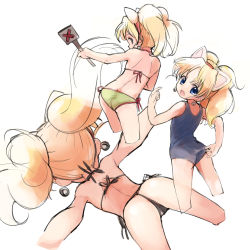 Rule 34 | 1girl, absurdres, adjusting clothes, adjusting swimsuit, animal ears, ass, ass focus, bad id, bad pixiv id, bell, bikini, blonde hair, blue eyes, blush, cat ears, earrings, fang, from behind, highres, jewelpet (series), jewelpet twinkle, jewelry, long hair, looking back, miria marigold mackenzie, nyama, one-piece swimsuit, open mouth, school swimsuit, side-tie bikini bottom, simple background, solo, swimsuit, thong, thong bikini, twintails, white background