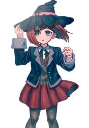 Rule 34 | 1girl, :o, brown pantyhose, brown vest, collared shirt, cowboy shot, danganronpa (series), danganronpa v3: killing harmony, esu (tasoesu), feet out of frame, green hat, green jacket, green shirt, hair ornament, hand up, hat, highres, jacket, long sleeves, miniskirt, open clothes, open jacket, pantyhose, pleated skirt, red eyes, red hair, red skirt, shiny clothes, shirt, short hair, sideways glance, simple background, skirt, solo, vest, white background, witch hat, yumeno himiko