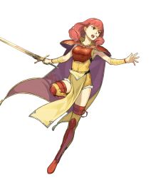 Rule 34 | 1girl, armor, armpits, bandaged arm, bandages, breastplate, cape, celica (fire emblem), fire emblem, fire emblem gaiden, full body, hidari (left side), highres, holding, holding sword, holding weapon, long hair, nintendo, non-web source, official art, pelvic curtain, red eyes, red hair, solo, sword, thighhighs, transparent background, weapon