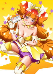 Rule 34 | 1girl, amanogawa kirara, bare shoulders, breasts, brown hair, choker, cleavage, cure twinkle, downblouse, earrings, gloves, go! princess precure, highres, jewelry, kijinaka mahiro, kneeling, long hair, looking at viewer, magical girl, md5 mismatch, precure, purple eyes, smile, solo, star (symbol), star earrings, starry background, twintails, white gloves, white legwear, yellow background
