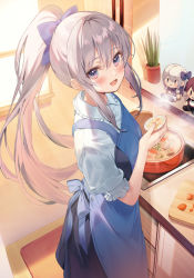 Rule 34 | 1girl, :d, apron, blue apron, blush, collared shirt, commentary request, cooking, cutting board, doll, food, frilled shirt, frills, from above, from side, grey hair, high ponytail, highres, holding, indoors, kanda done, kitchen, long hair, looking at viewer, open mouth, original, plant, ponytail, potted plant, puffy short sleeves, puffy sleeves, purple eyes, second-party source, shirt, short sleeves, sidelocks, smile, solo, stove, stuffed toy, white shirt, window
