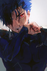 Rule 34 | 1boy, blood, blood on face, blue bodysuit, blue hair, bodysuit, cu chulainn (fate), cu chulainn (fate/stay night), earrings, fate/stay night, fate (series), fomnant, grey background, grin, hair strand, head tilt, highres, jewelry, male focus, nosebleed, one eye closed, red eyes, signature, simple background, smile, solo, upper body, wiping mouth