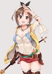 Rule 34 | 1girl, absurdres, atelier (series), atelier ryza, atelier ryza 1, belt, blush, breasts, brown eyes, brown hair, derivative work, gloves, hair ornament, hairclip, hat, highres, jewelry, katsu (katsupainter), large breasts, looking at viewer, medium breasts, navel, necklace, open mouth, red shorts, reisalin stout, short shorts, shorts, smile, solo, star (symbol), thighs