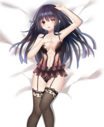 Rule 34 | 1girl, absurdres, arm up, bed sheet, black hair, black panties, black thighhighs, blush, breasts, cleavage, collarbone, date a live, from above, garter straps, hand on own chest, heterochromia, highres, long hair, lying, medium breasts, navel, on back, open mouth, panties, red eyes, shiny skin, solo, stomach, thighhighs, tokisaki kurumi, underwear, underwear only, very long hair, yellow eyes