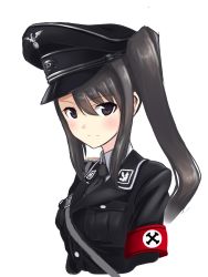 Rule 34 | 10s, 1girl, a9b (louis814), alternate costume, armband, black hair, hat, highres, kantai collection, long hair, military, military uniform, nachi (kancolle), nazi, peaked cap, personification, ponytail, pun, side ponytail, solo, swastika, uniform, white background